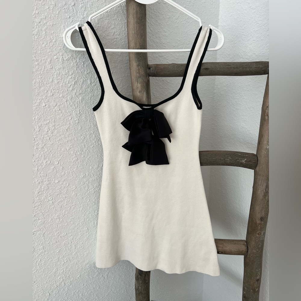 H&M Cream Mini Dress with Black Trim and Bow